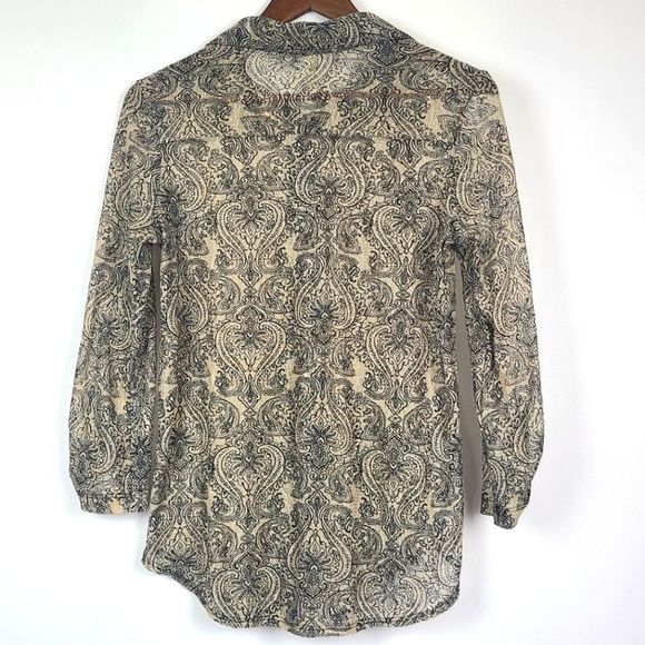 Perseption Concept Womens Semi Sheer Button Down Blouse Top Size Large Tan Black - Picture 7 of 16